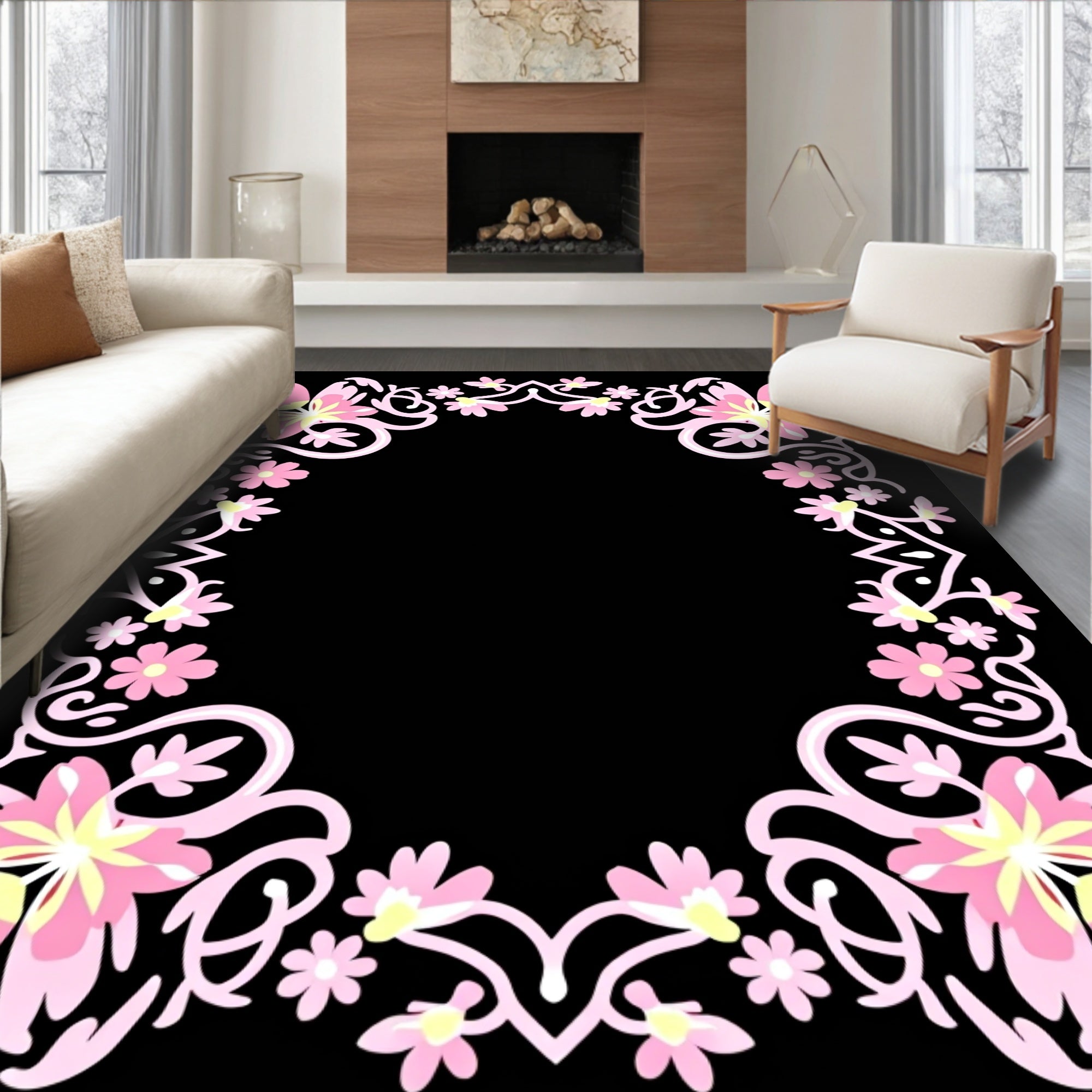Pink Floral Garland Frame Rug