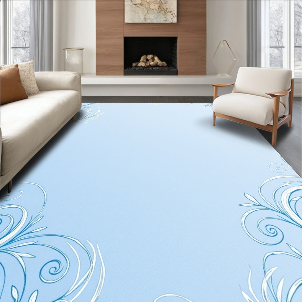 Whimsical Blue Swirl Botanical Corner Rug