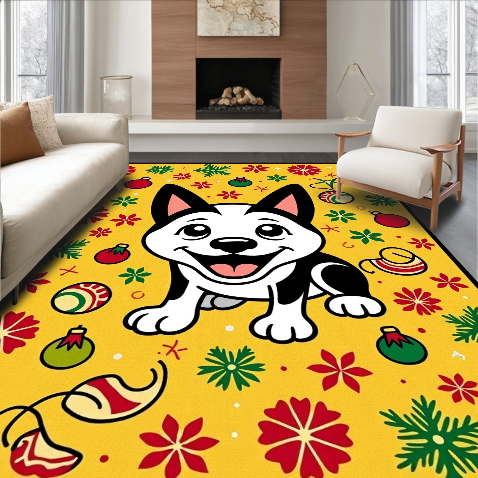Cheerful Dog Christmas Ornaments Holiday Rug