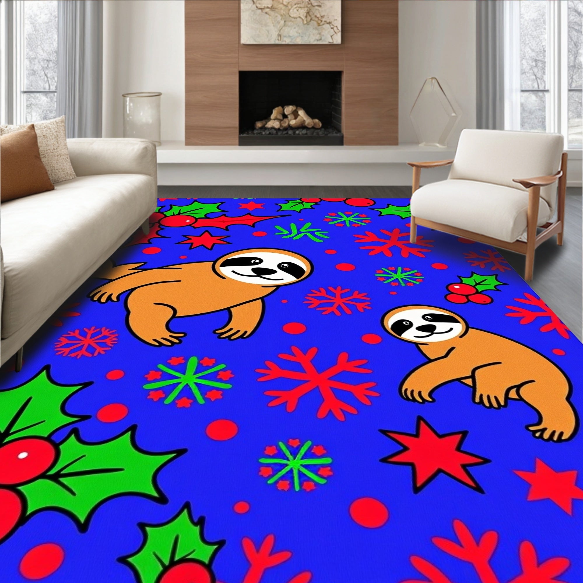 Orange Sloth Blue Holly Snowflakes Rug