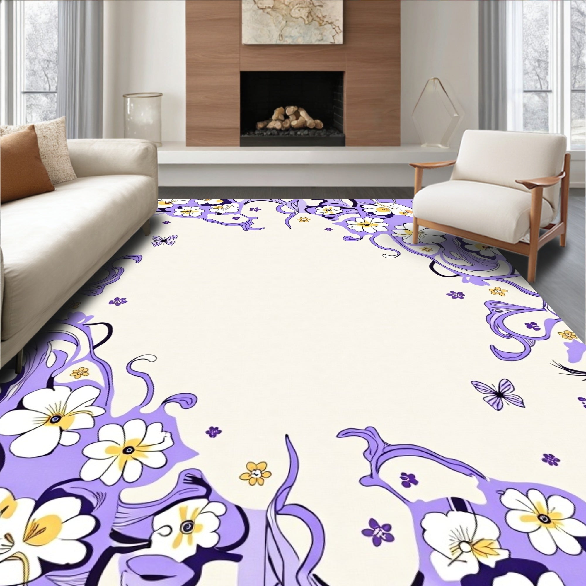 Whimsical Purple Floral Butterfly Meadow Rug