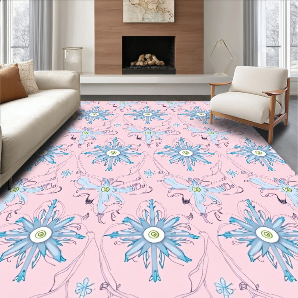 Soft Pink Sky Blue Floral Art Nouveau Rug