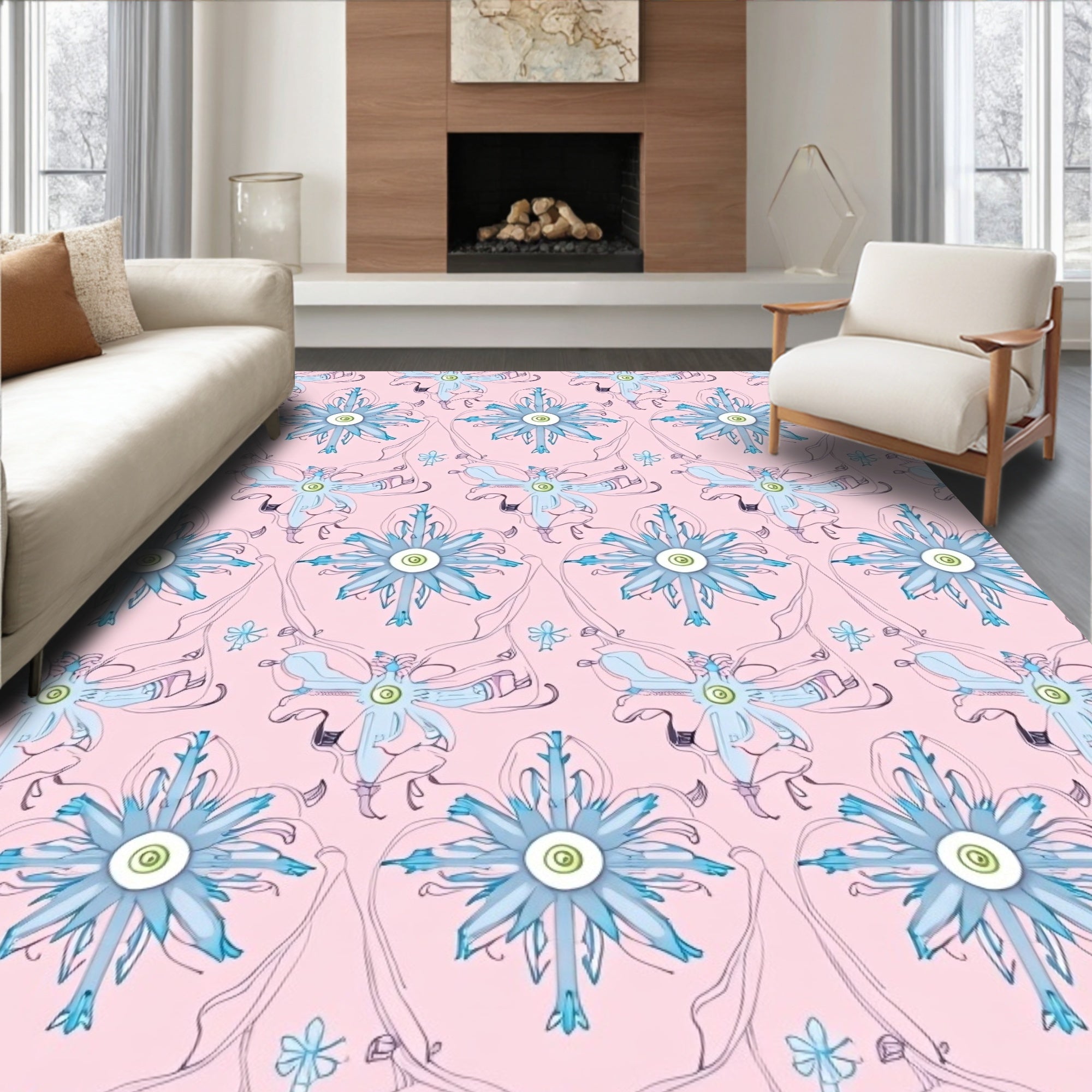 Soft Pink Sky Blue Floral Art Nouveau Rug