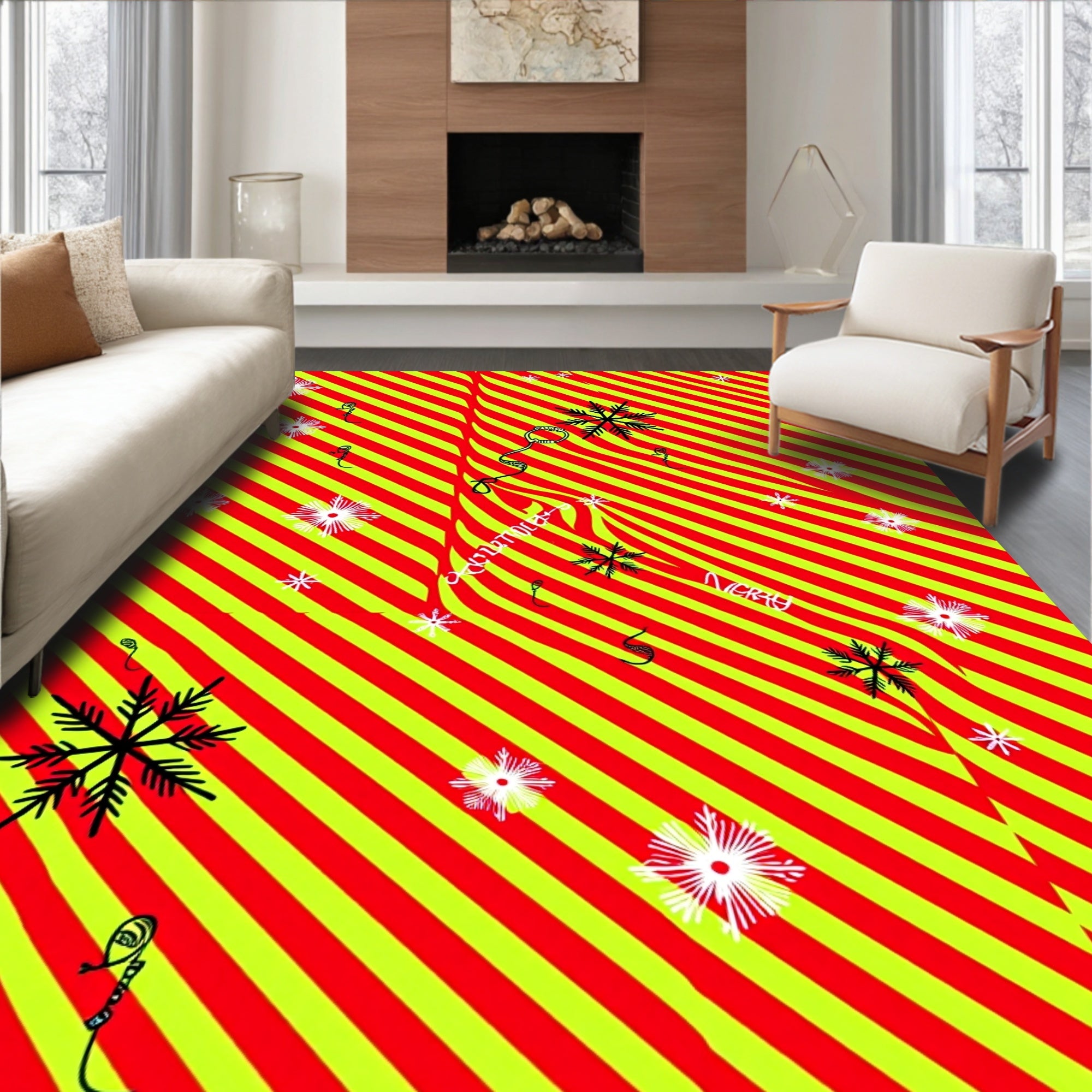 Vibrant Red Yellow Stripe Snowflake Accents Rug