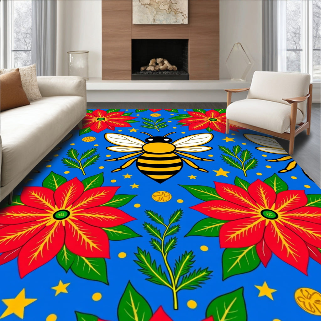Bright Blue Bumble Bee Poinsettia Stars Rug