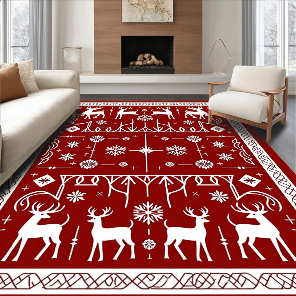 Red White Reindeer Snowflake Jacquard Rug