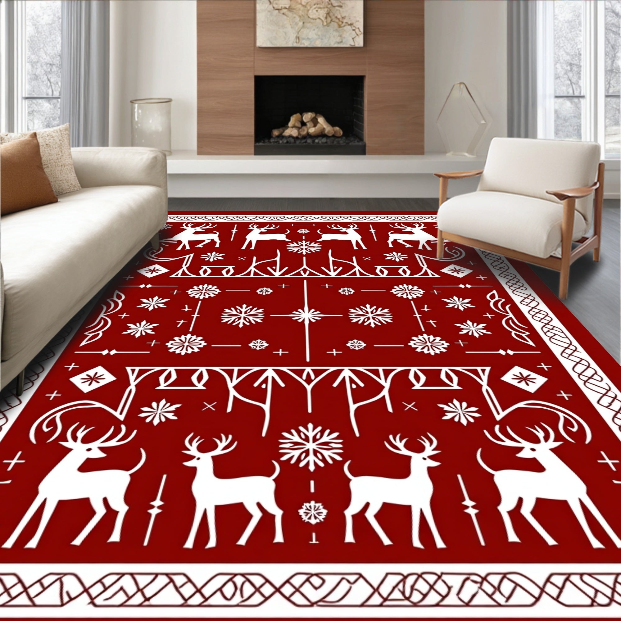 Red White Reindeer Snowflake Jacquard Rug