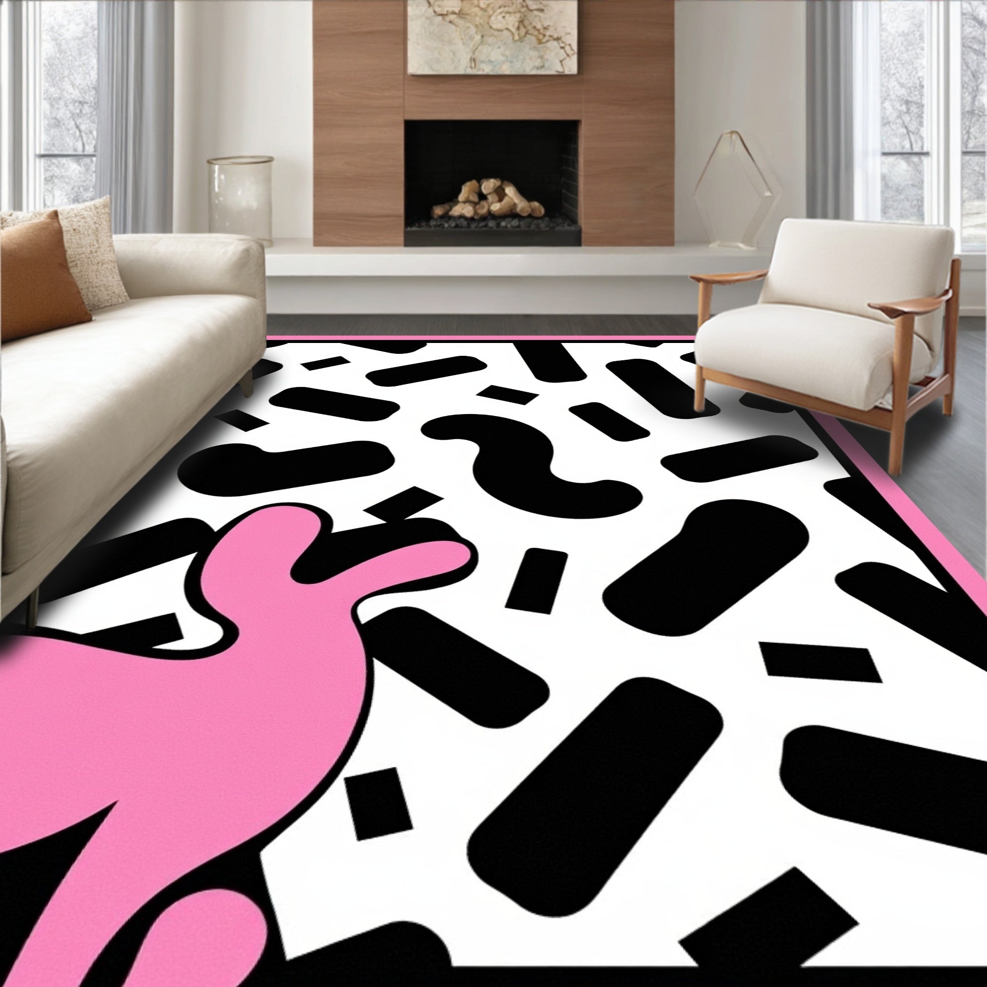 Playful Pink Abstract Shapes Collage Rug