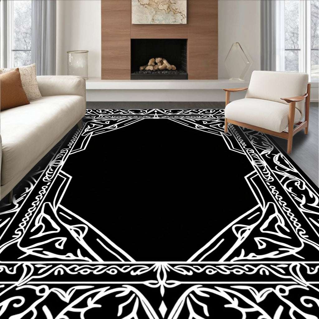 Ornate White Geometric Floral Frame Rug