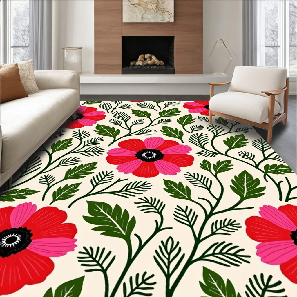 Vibrant Red Pink Floral Foliage Rug