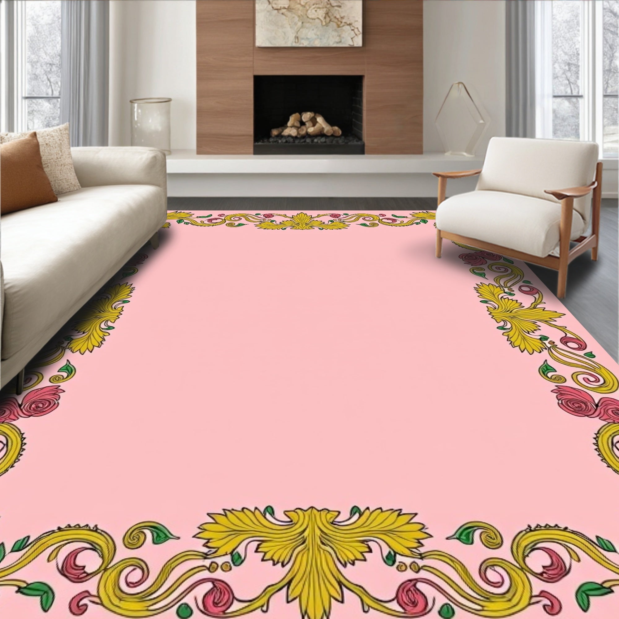 Golden Pink Floral Frame Accent Rug