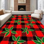 Red Black Buffalo Plaid Holly Leaves Rug