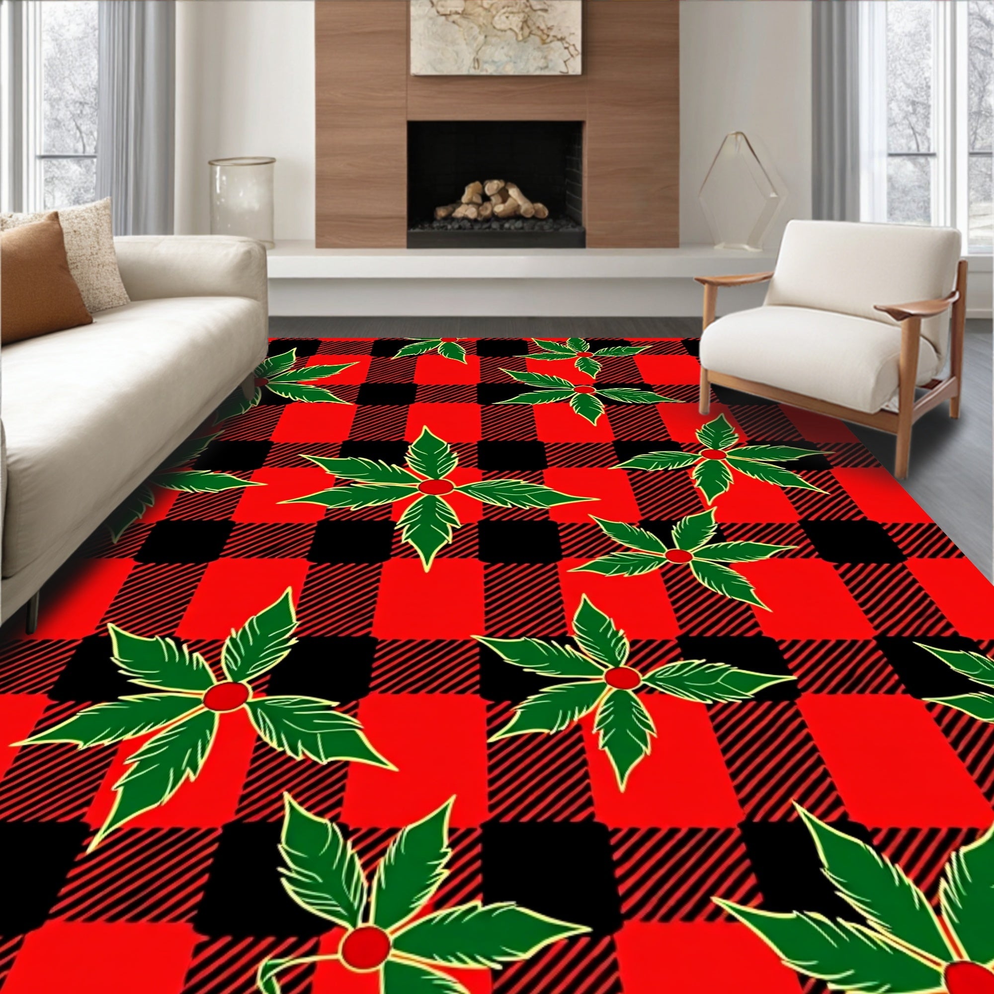 Red Black Buffalo Plaid Holly Leaves Rug