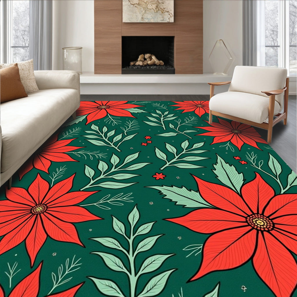 Coral Red Poinsettia Emerald Foliage Rug