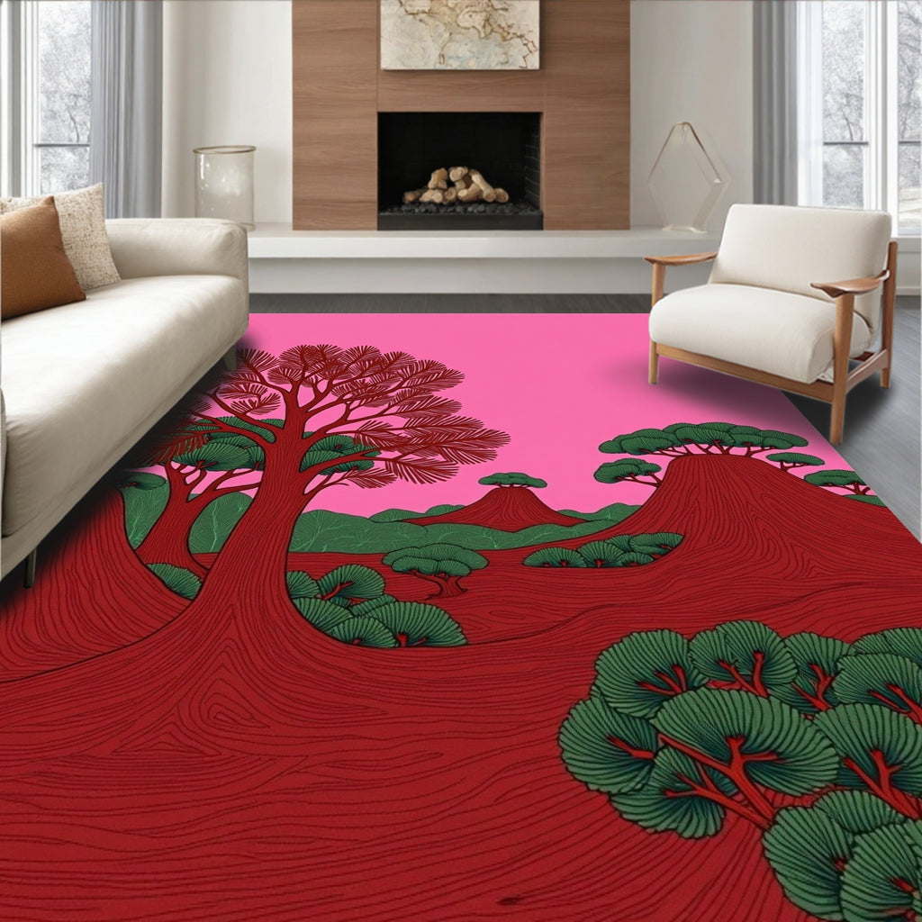 Red Desert Landscape Trees Pink Sky Rug