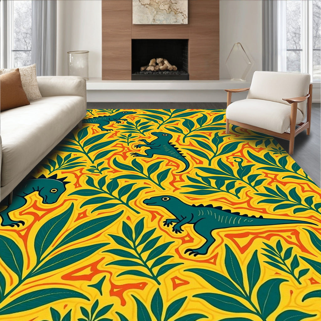 Yellow Green Dinosaur Floral Arrangement Rug