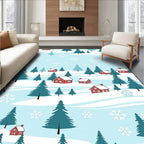 Cozy Red Cabins Snowscape Snowflake Trees Rug
