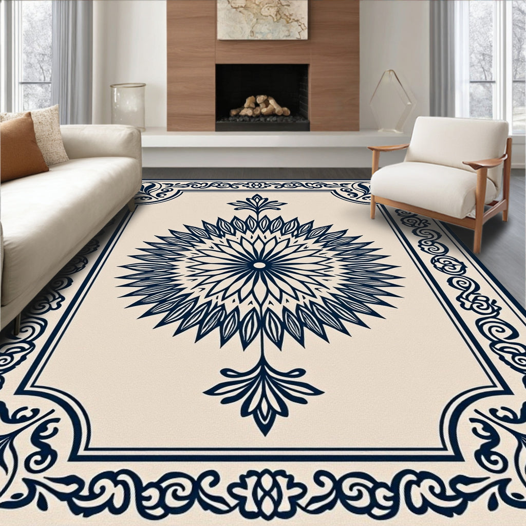 Navy Blue Radial Floral Medallion Rug
