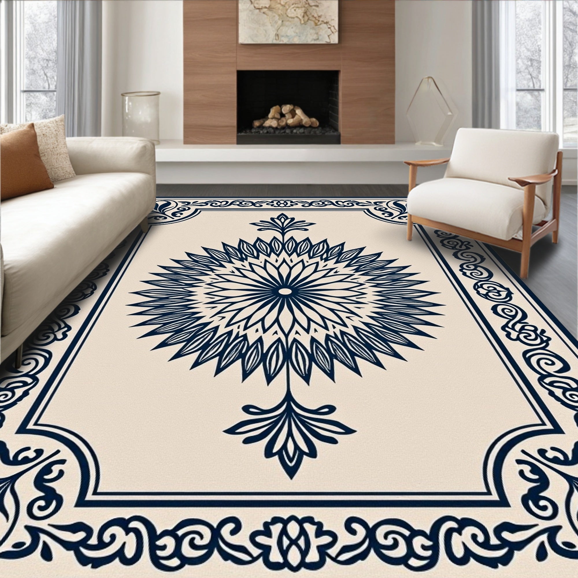 Navy Blue Radial Floral Medallion Rug