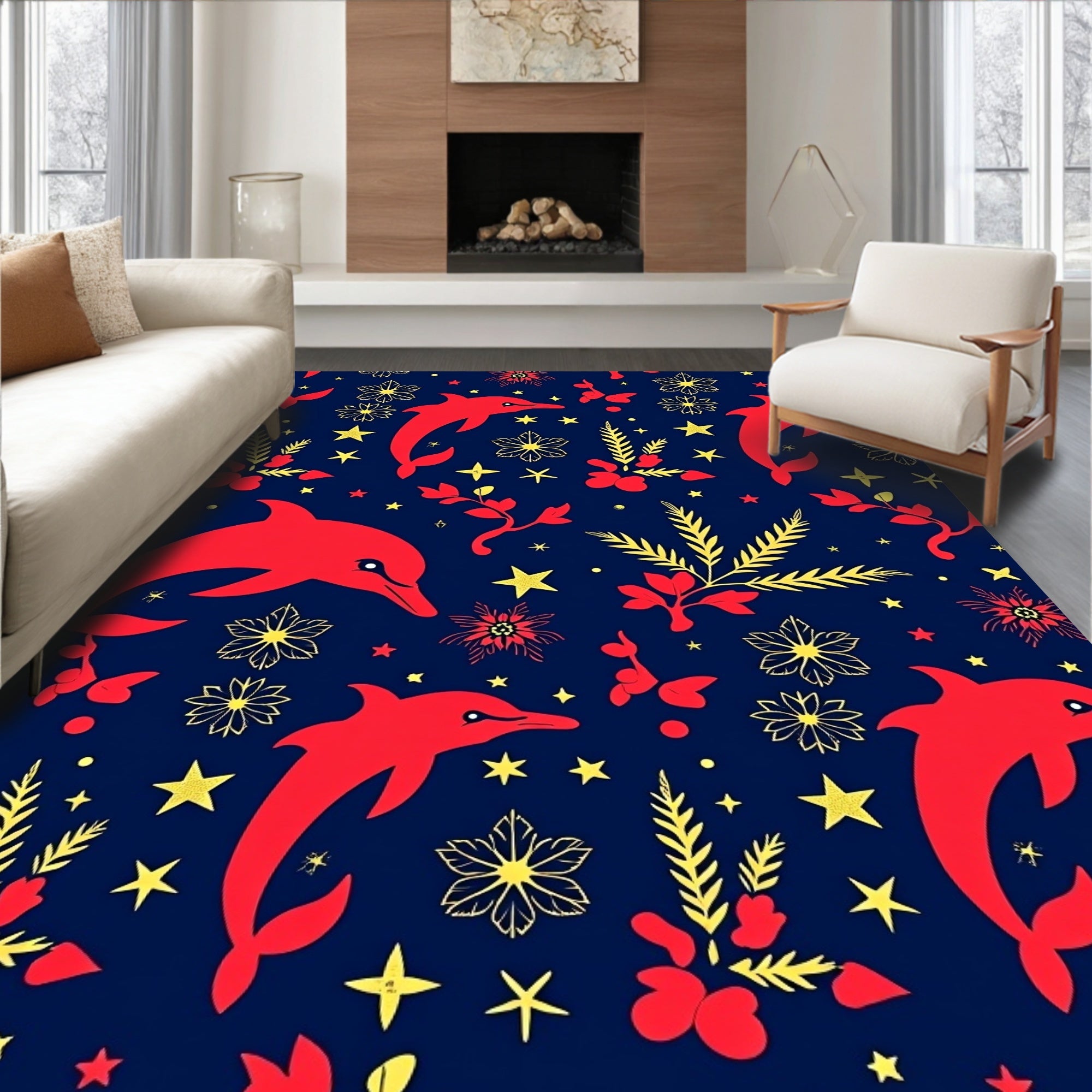 Red Dolphin Floral Starry Night Rug