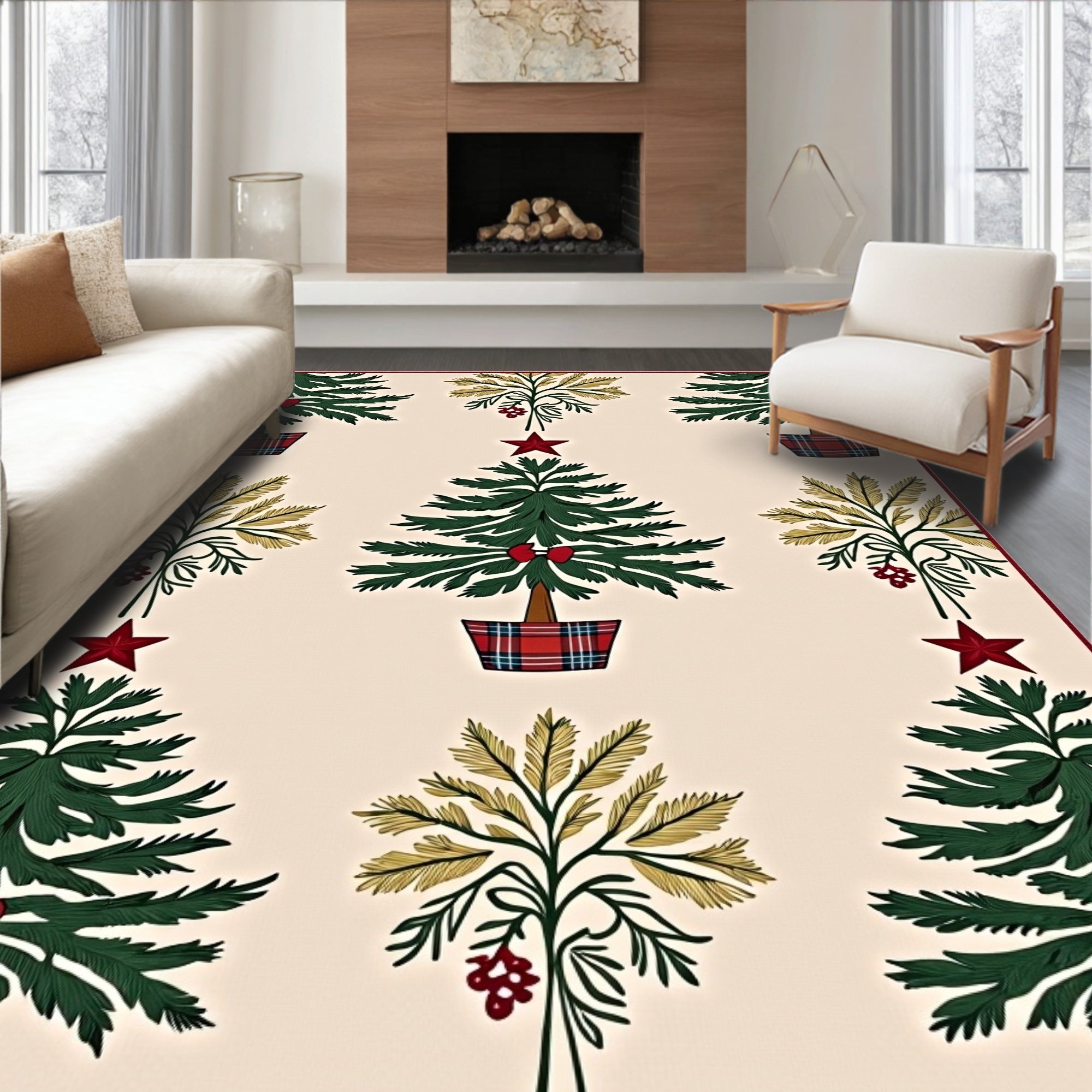 Festive Green Christmas Tree Plaid Medallion Rug