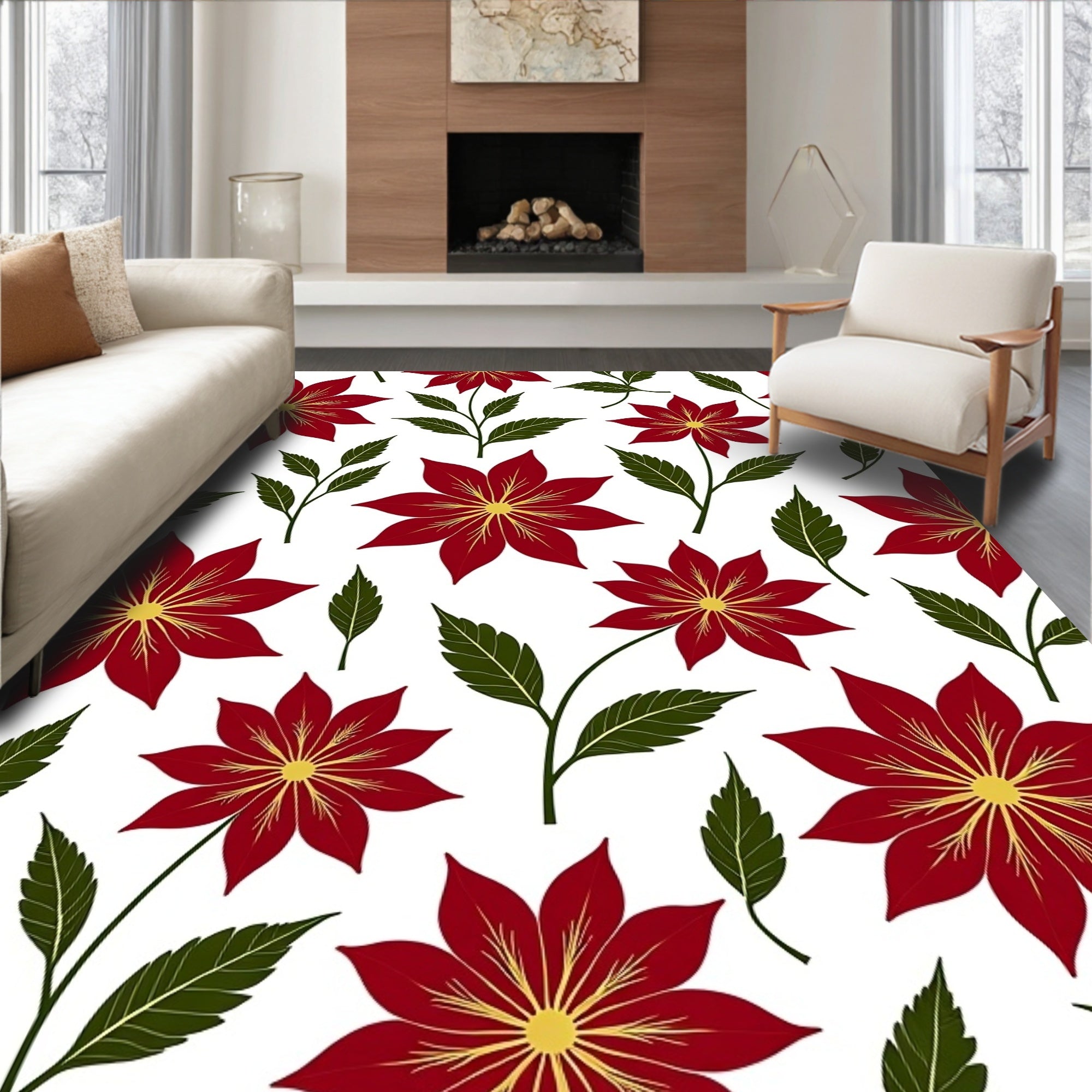 Deep Red Floral Botanical Garden Rug