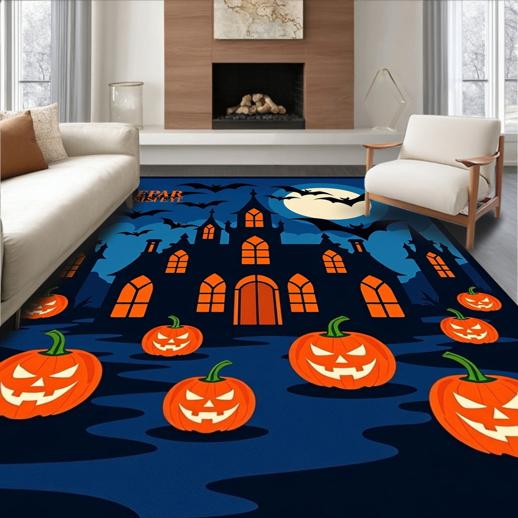 Spooky Castle Bats Pumpkin Full Moon Rug