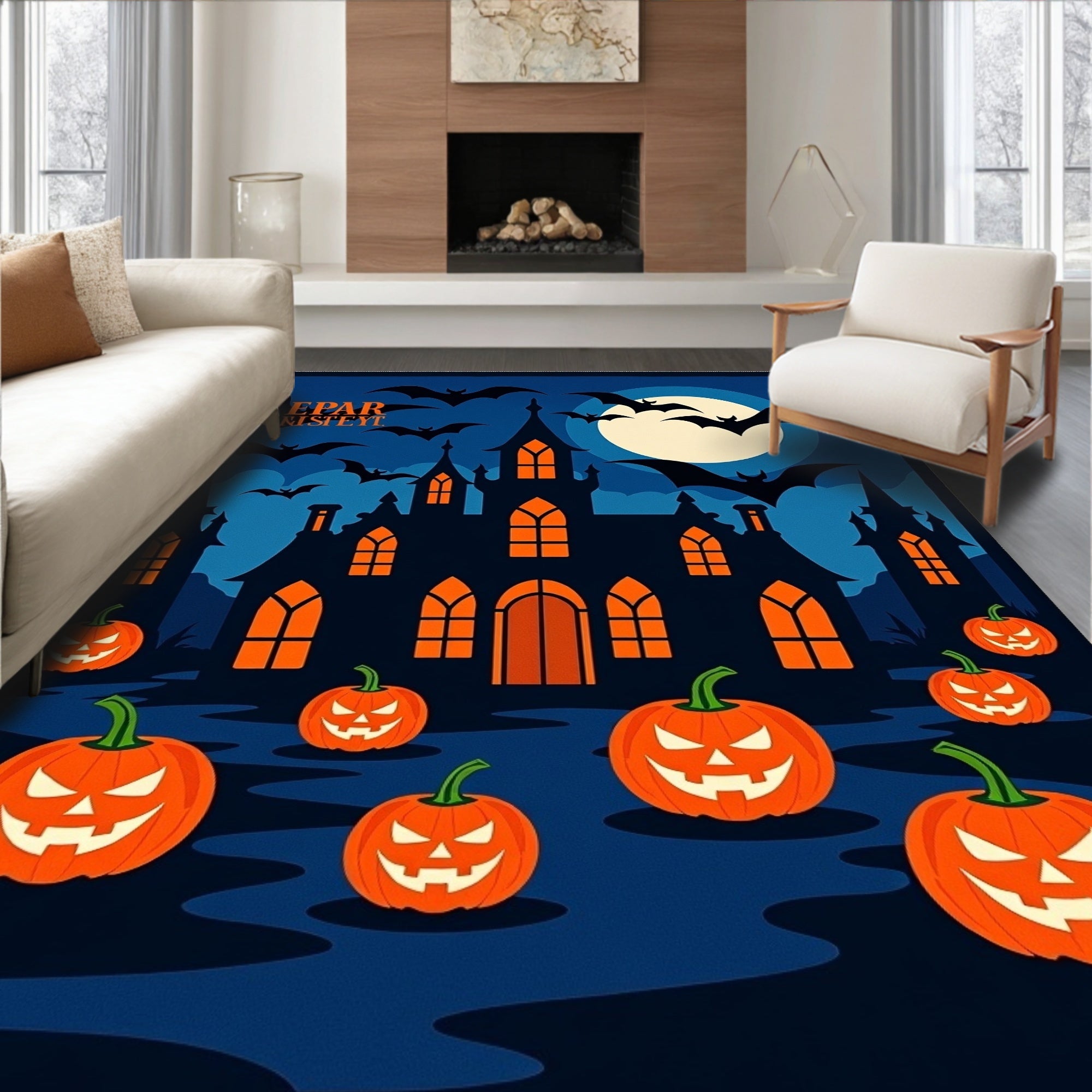 Spooky Castle Bats Pumpkin Full Moon Rug