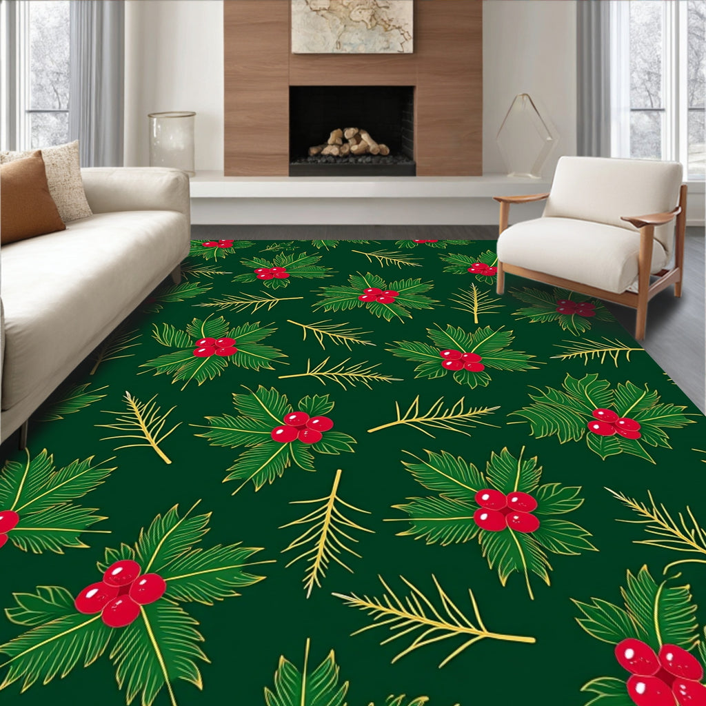 Festive Green Holly Berry Sprigs Rug