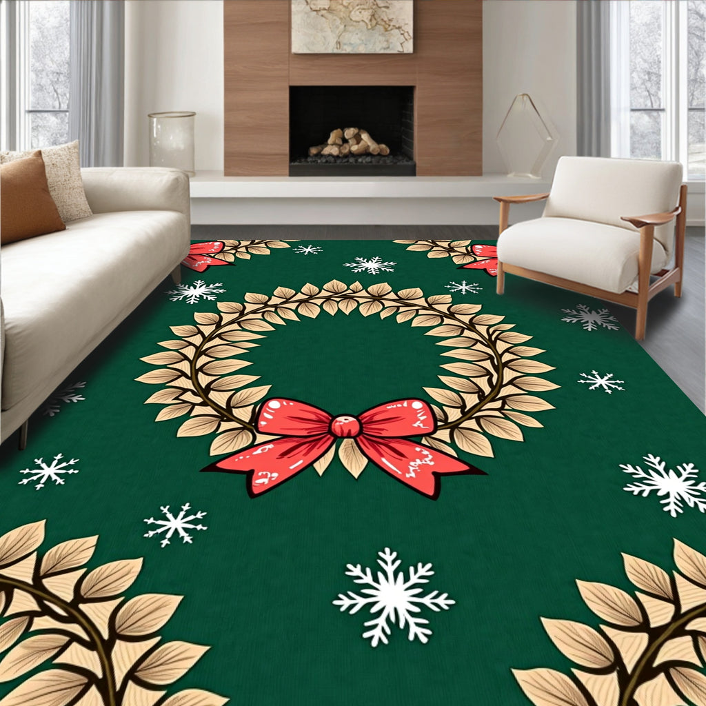 Festive Green Wreath Red Bow Snowflakes Rug