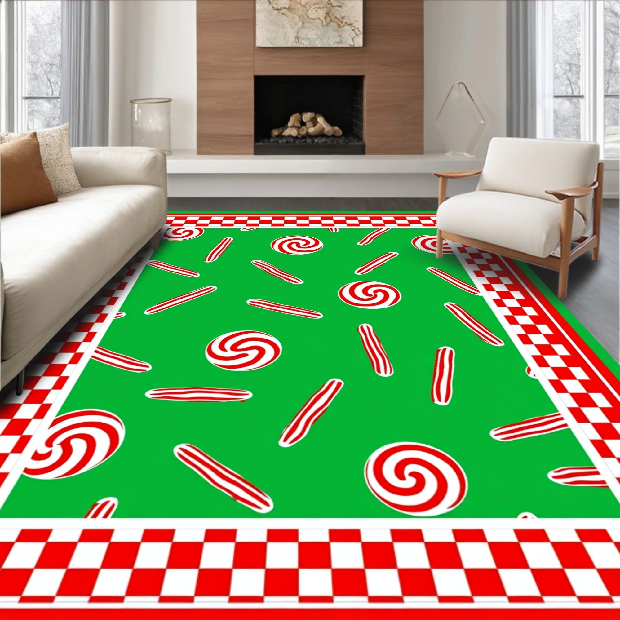 Red Candy Cane Swirl Checkered Border Rug