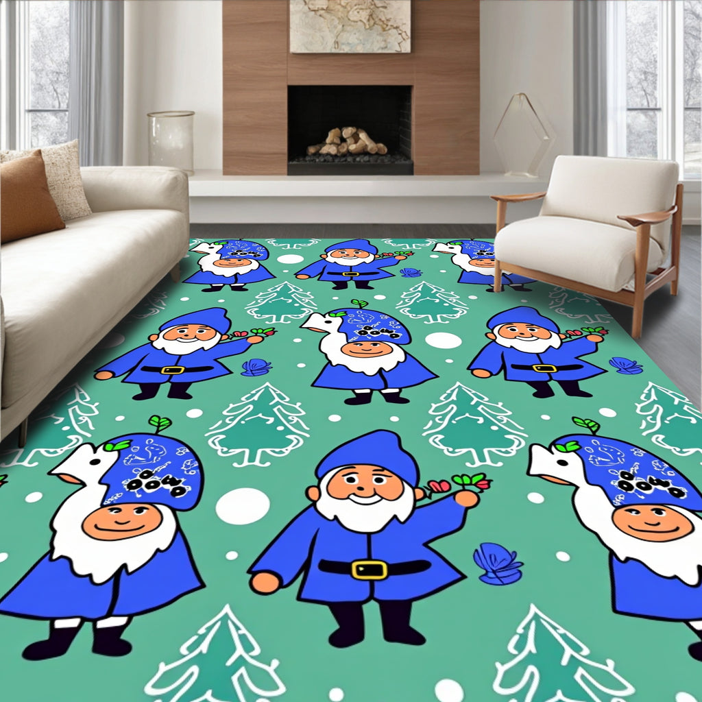 Whimsical Blue Gnome Christmas Trees Rug
