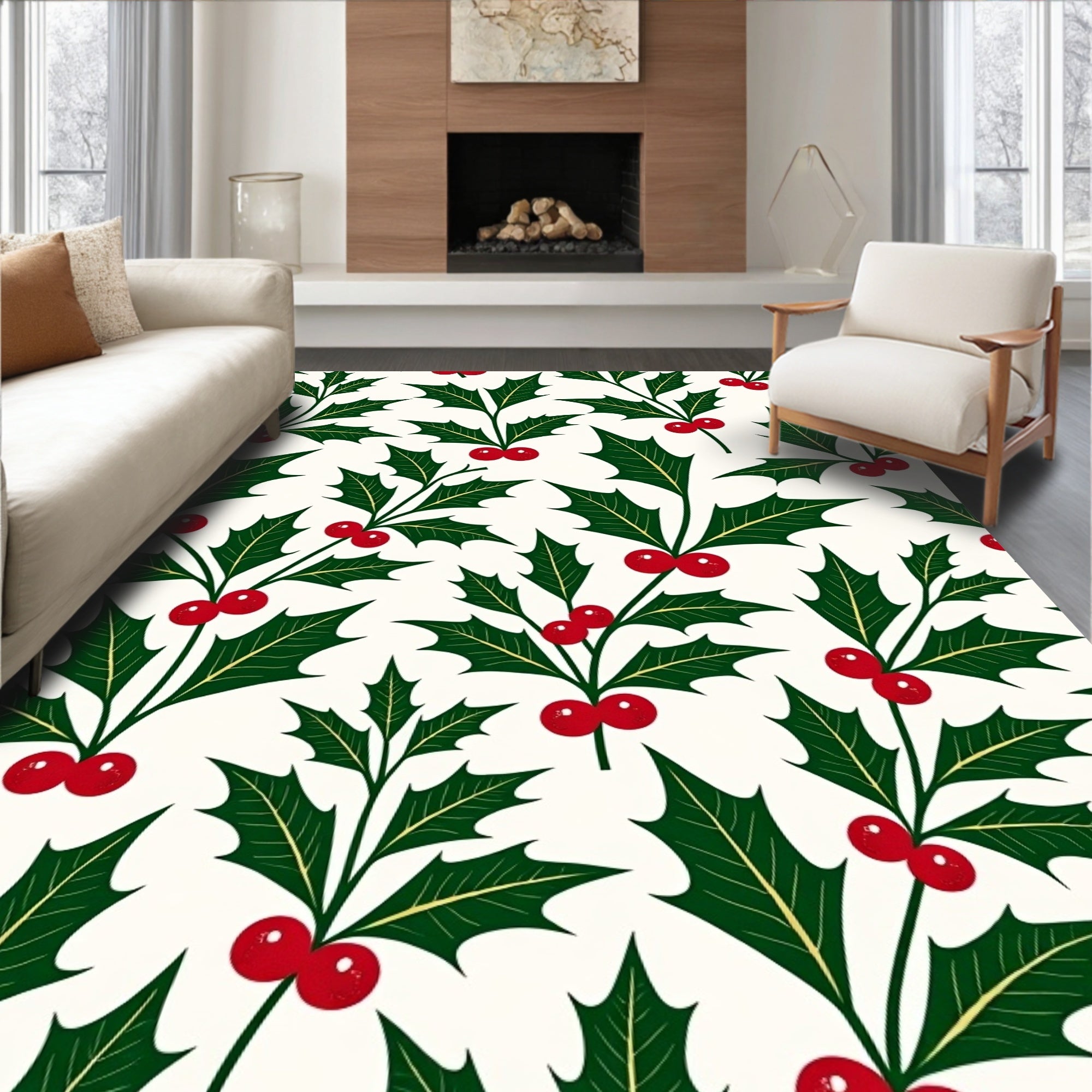 Traditional Green Holly Berry Branches Rug