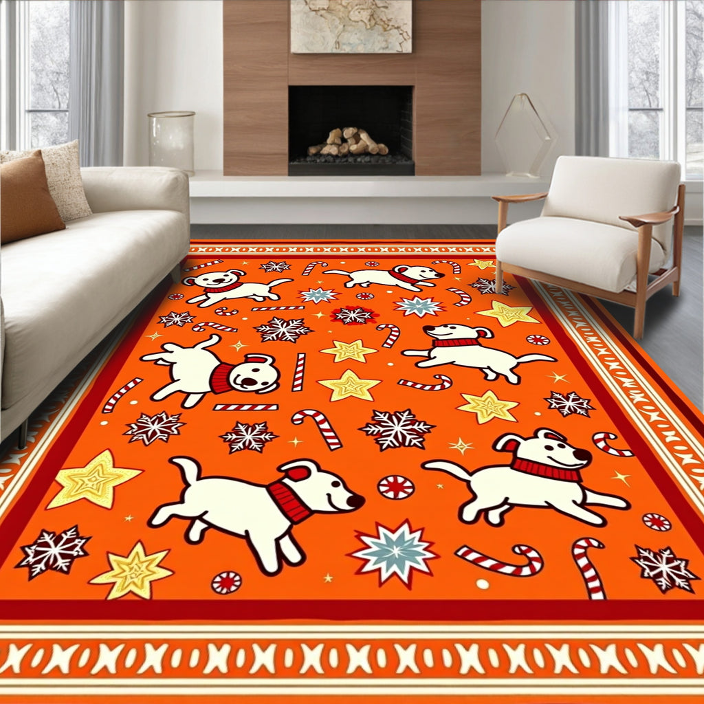 Whimsical Orange Dog Candy Cane Snowflakes Rug