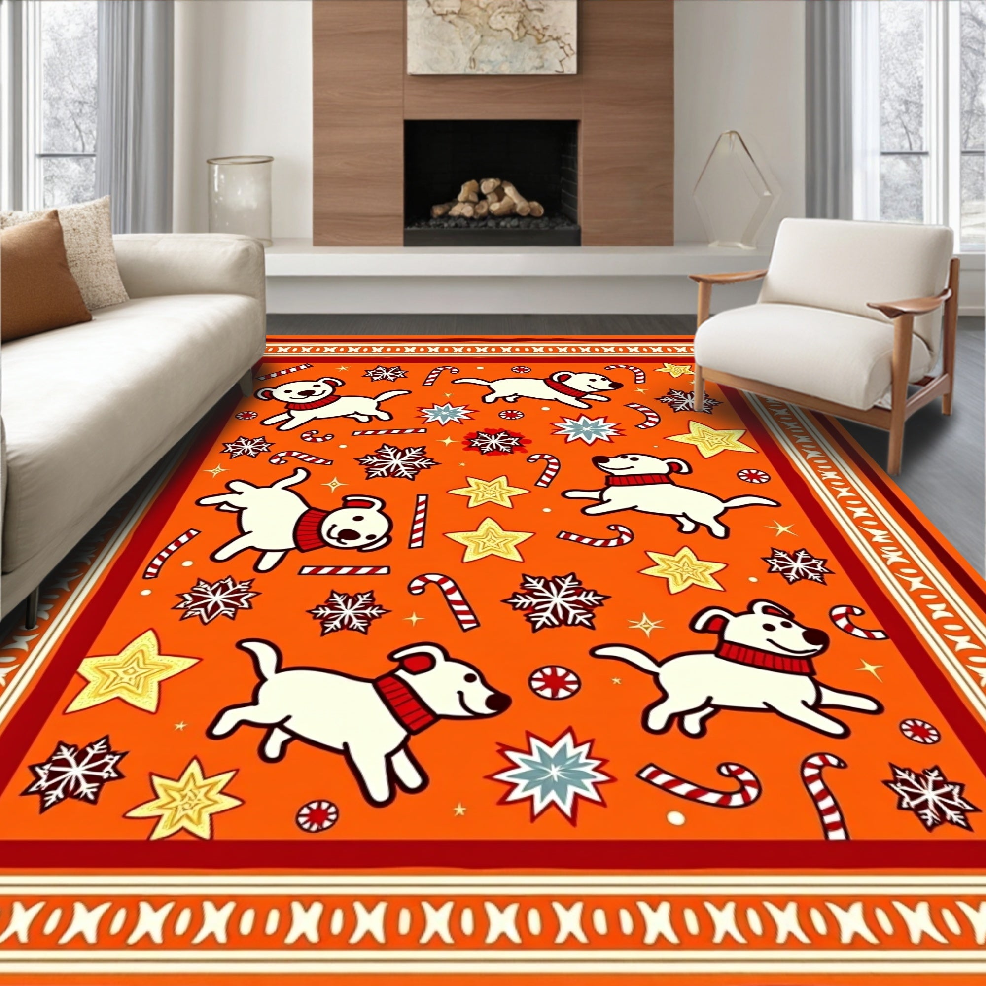 Whimsical Orange Dog Candy Cane Snowflakes Rug