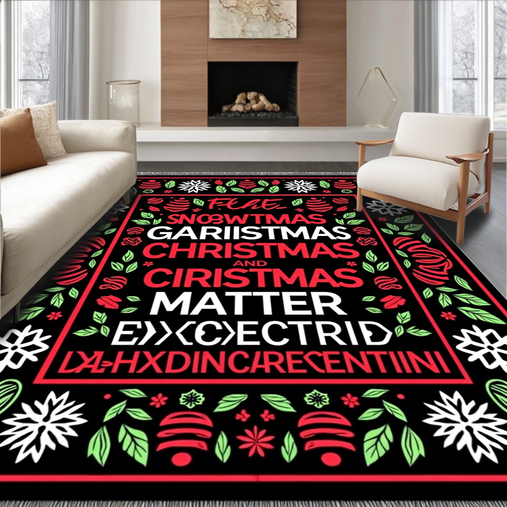 Festive Red Green Snowflake Border Rug