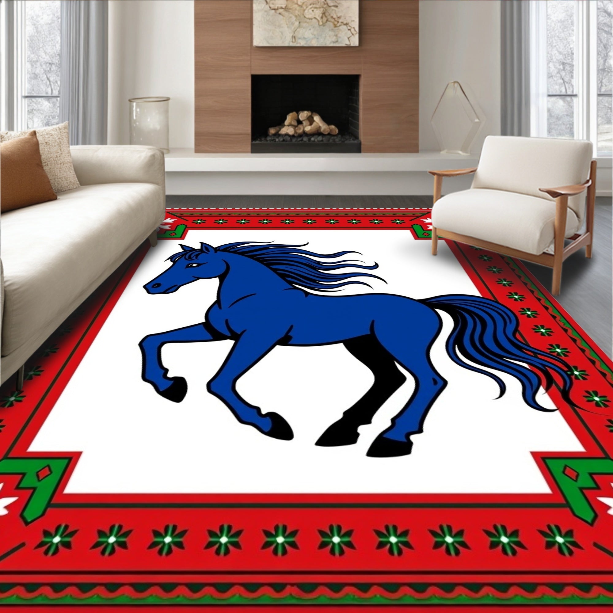 Bold Blue Horse Red Green Border Rug