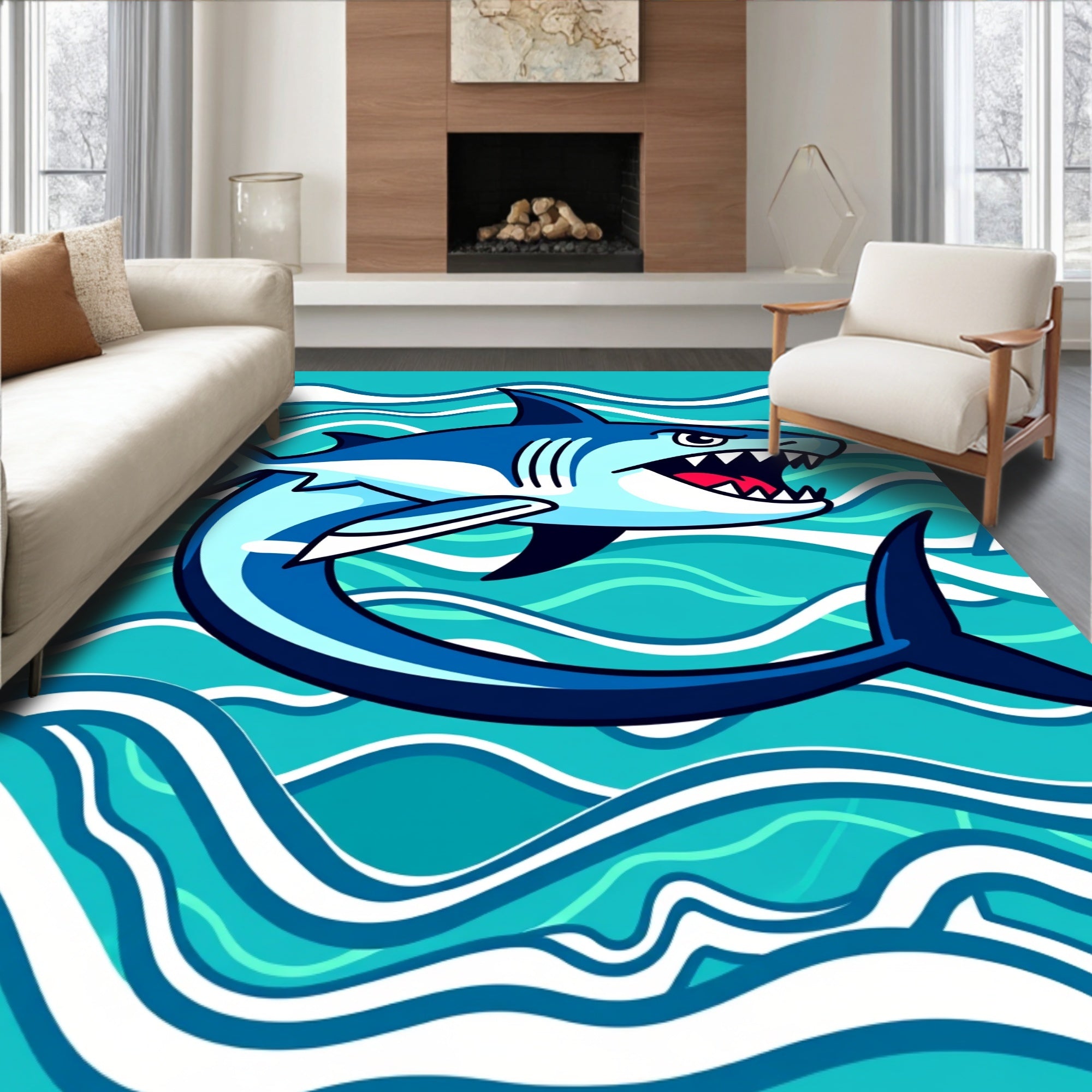 Fierce Blue Shark Ocean Waves Rug