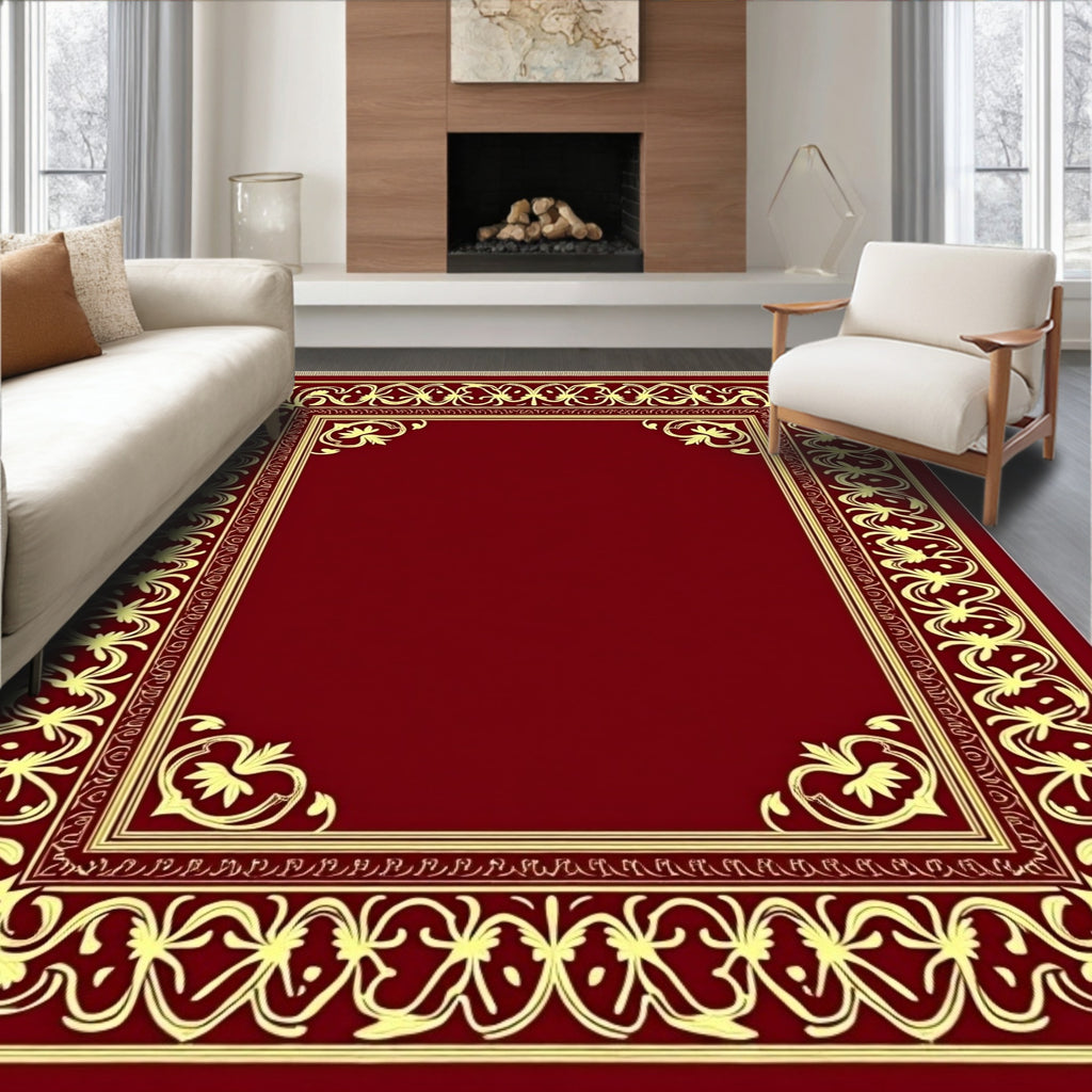 Deep Red Golden Filigree Border Rug