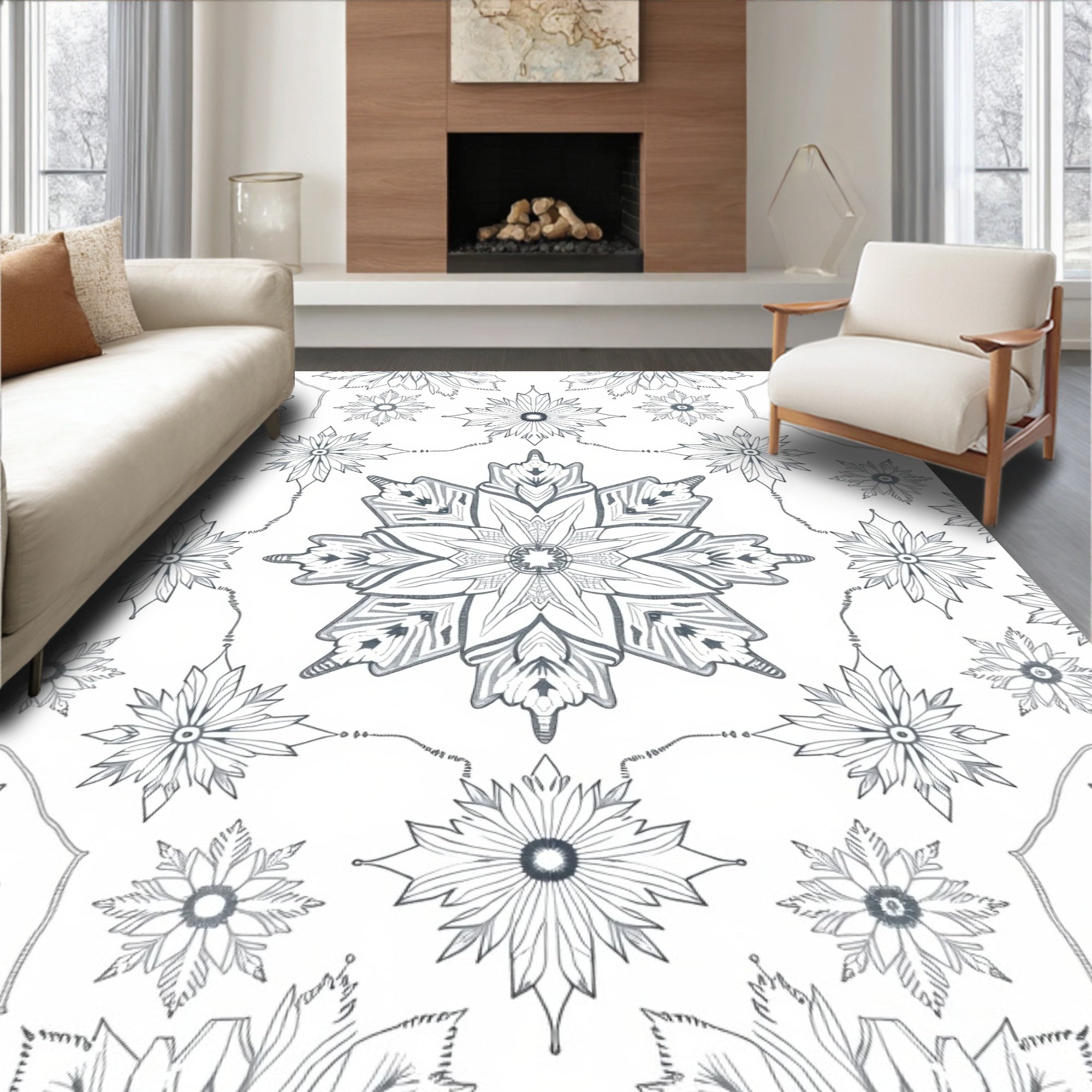 Classic Gray Floral Snowflake Medallion Rug