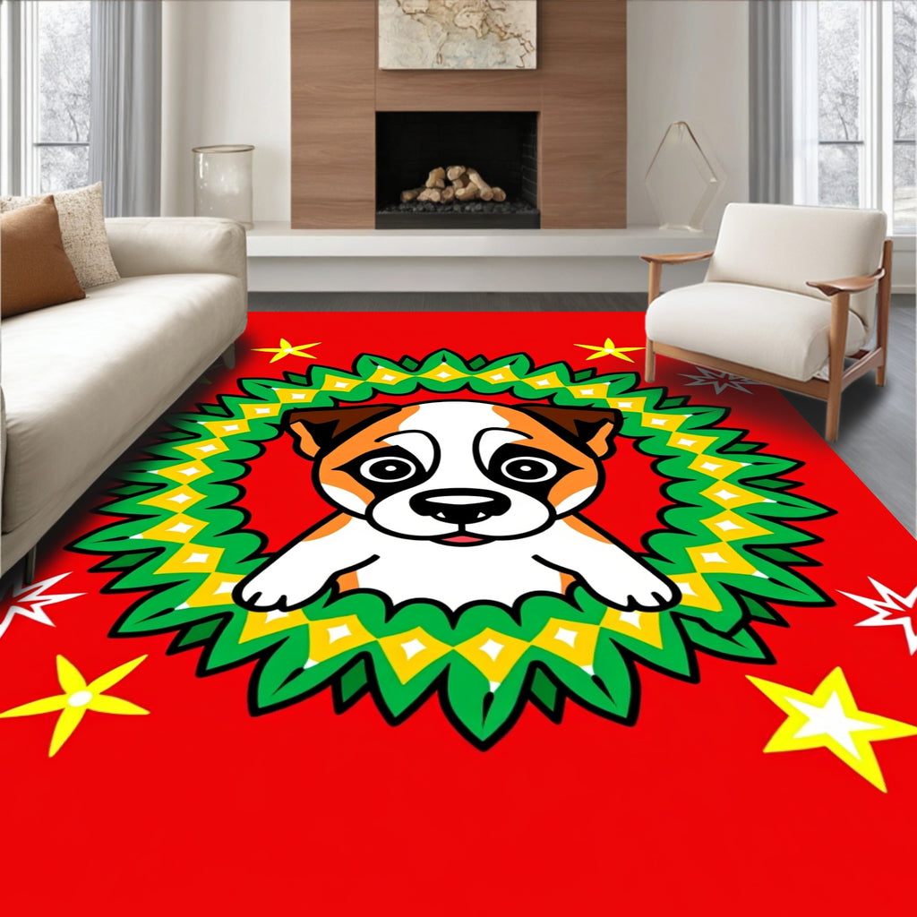 Cute Dog Christmas Wreath Stars Rug