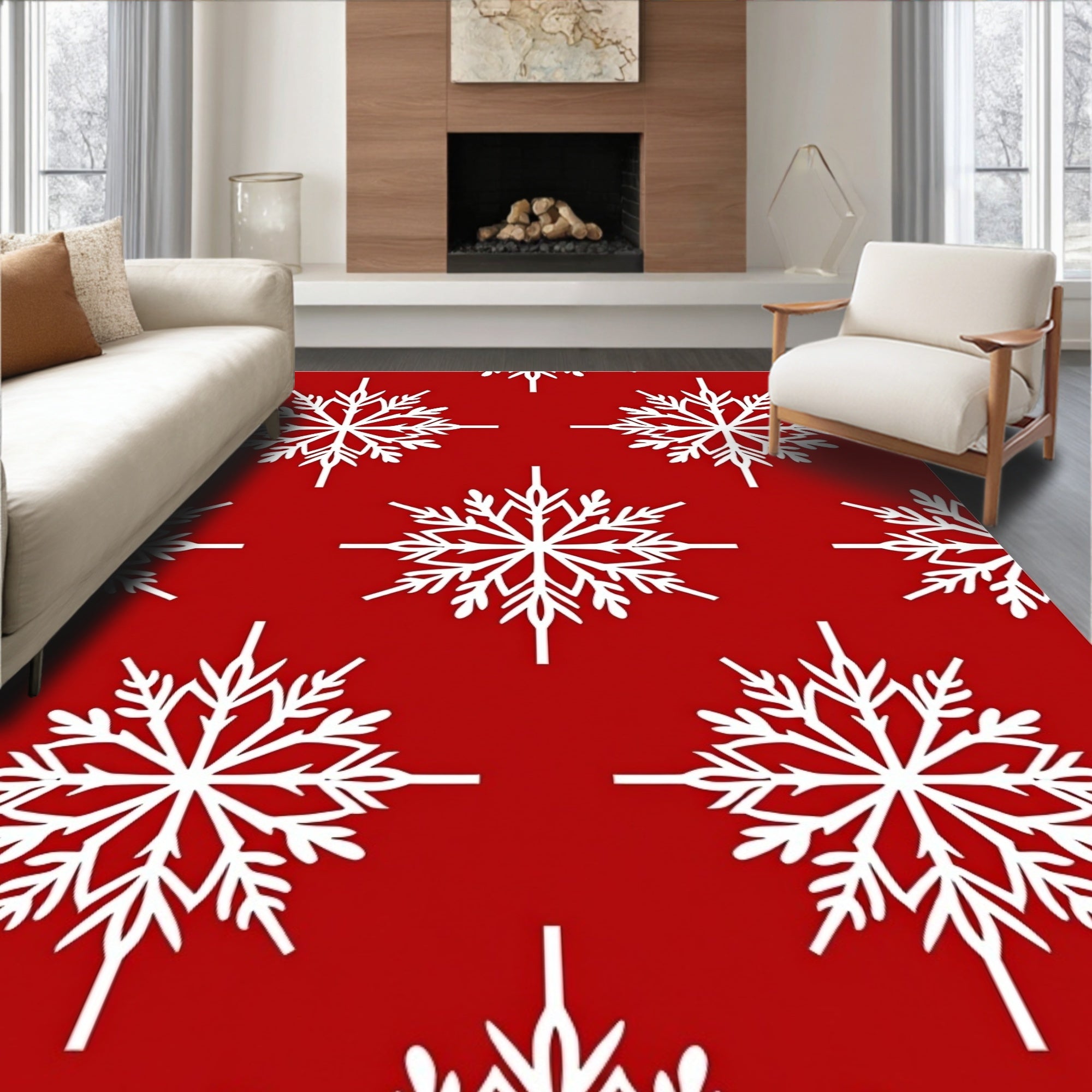 White Snowflake Christmas Red Fabric Rug