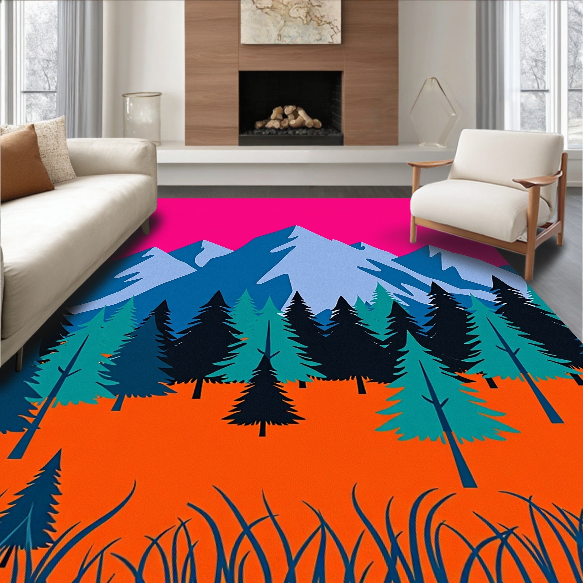 Bold Pink Mountain Forest Scene Rug