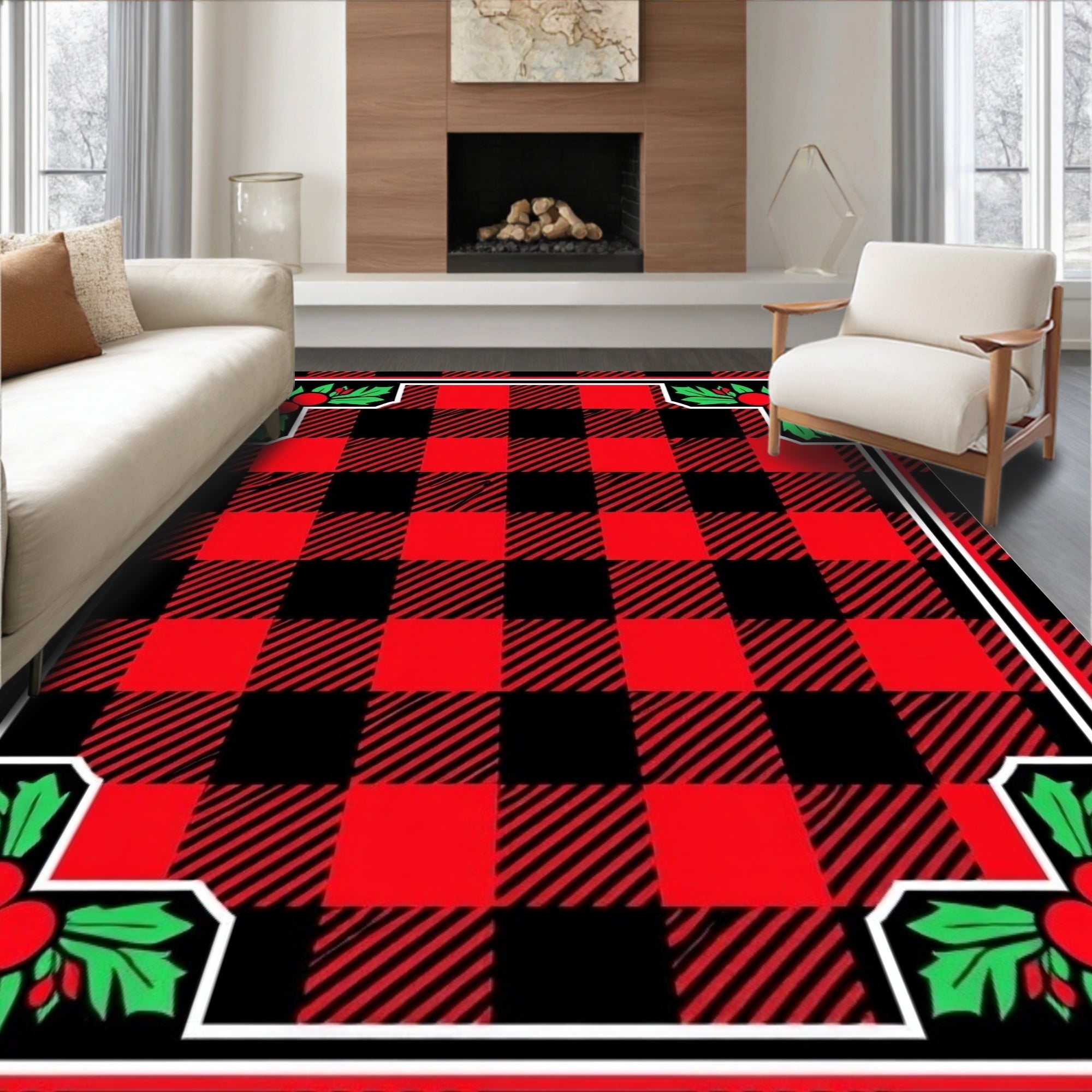 Red Black Buffalo Check Holly Accents Rug