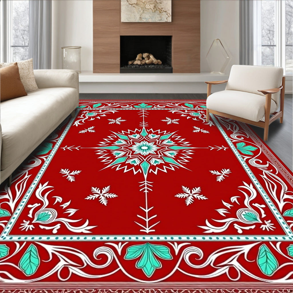 Crimson Teal Floral Medallion Border Rug