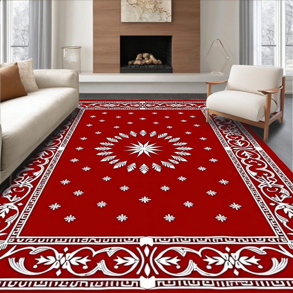 Crimson White Sunburst Medallion Border Rug