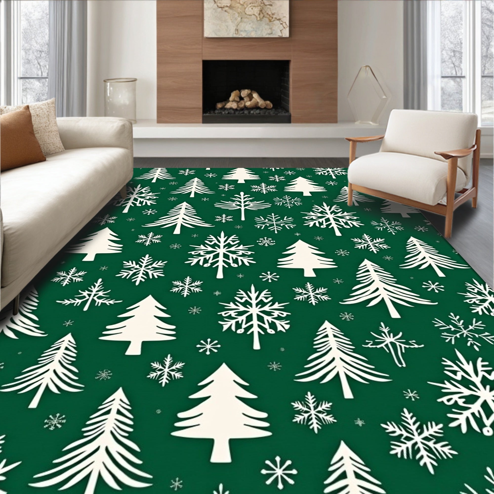 Winter Forest Snowflakes Trees Rug