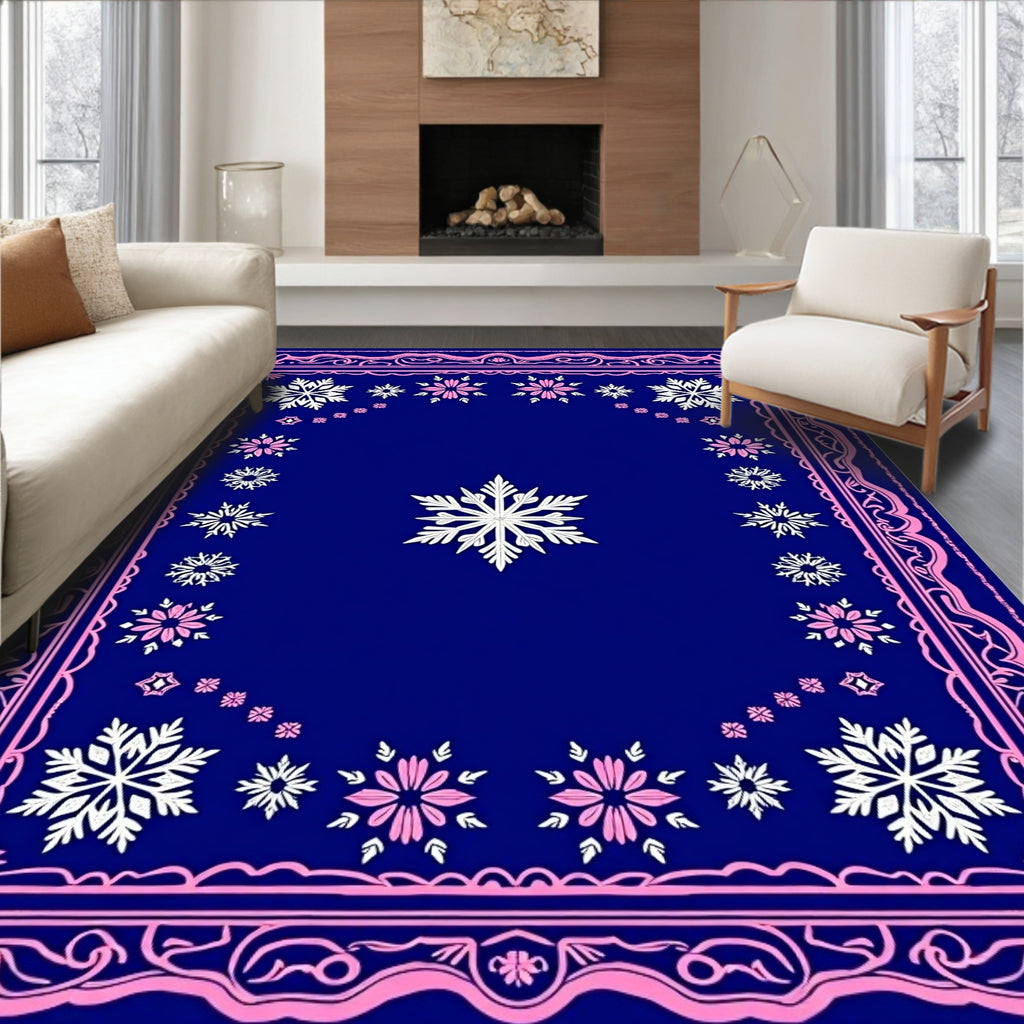 Winter Snowflake Bordered Blue Rug