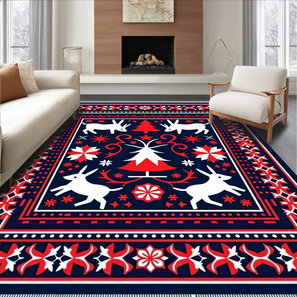 Folk Art Christmas Rabbit Tree Rug