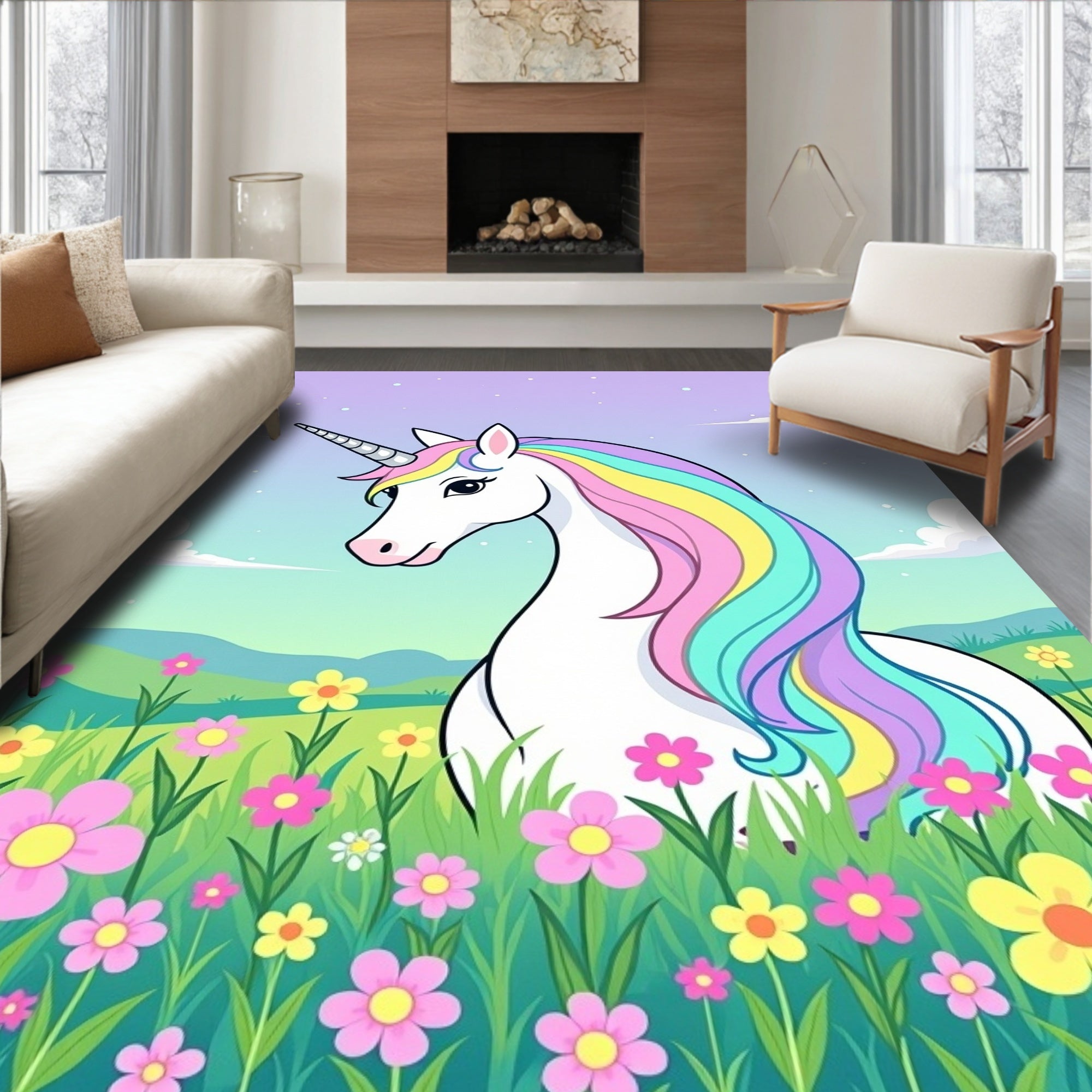 Pastel Unicorn Meadow Floral Rug